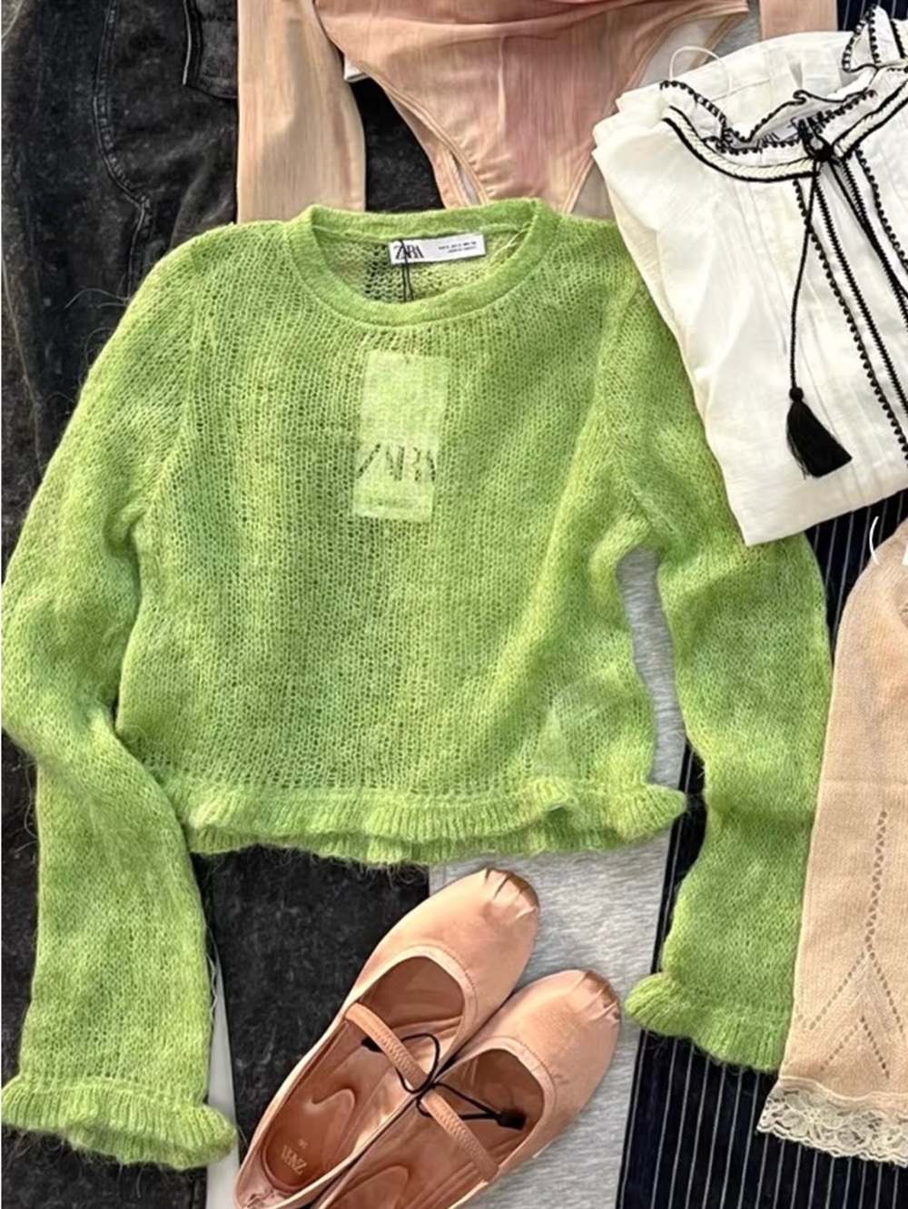 Zara Neon Green Lightweight Crew Sweater